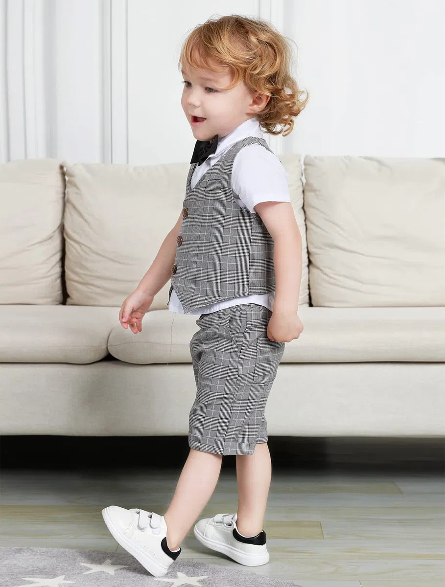 mintgreen Bebé Traje de 3 Piezas, Conjunto de Traje de Bautizo Camisa + Chaleco + Pantalones Cortos + Pajarita, 1-6 años
