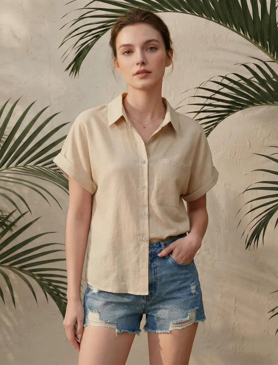Enmain Camisa Lino Mujer Manga Corta Verano Camisas Blusa de Lino y Algodón de Botones Cuello en V Color Liso Casual Shirt Mujer Elegante Cómoda para Playa Trabajo