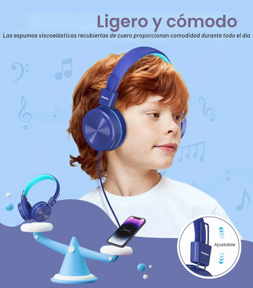 Cowyawn Auriculares para niños con limitador de Volumen Seguro de 94 dB, Auriculares Escolares con Cable para niños con diseño Ajustable y Flexible para niños y niñas, Azul