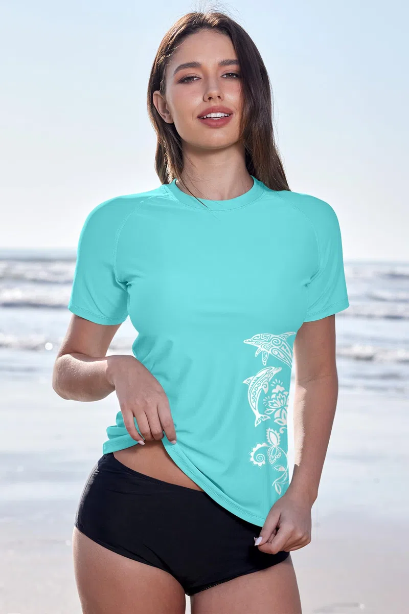 BesserBay Camiseta de manga corta Rash Guard para mujer, con bonitos estampados, con protección UV UPF 50+, tallas S-XXL, azul