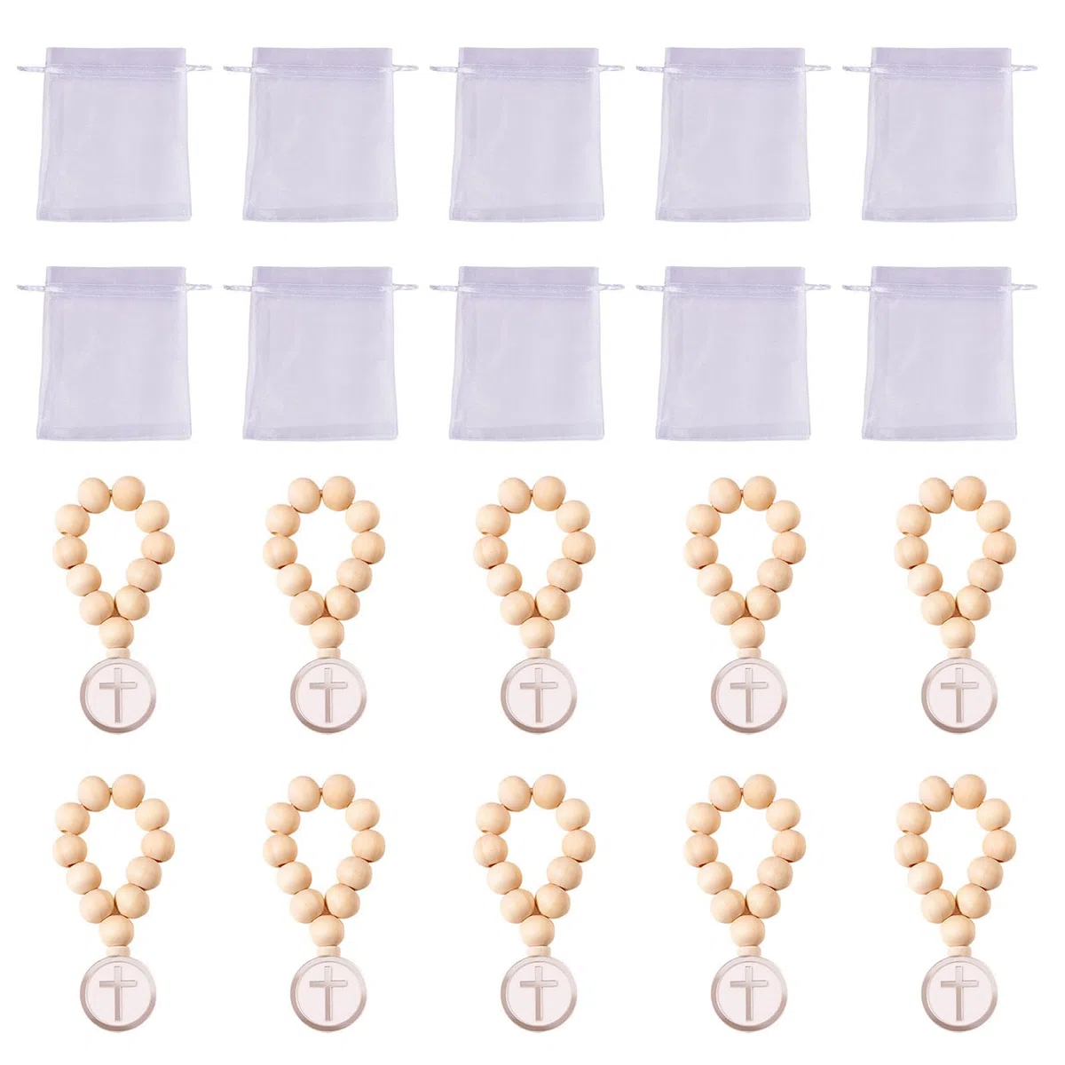 Rosario de cuentas de madera con crucifijo, rosario de primera comunión, con bolsas de organza, regalo de bautizo, unisex