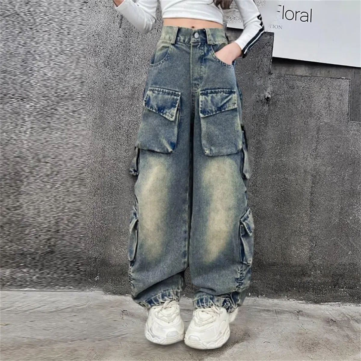 Pantalones vaqueros para niñas rotos y descoloridos, holgados, de pierna ancha, pantalones de mezclilla casuales, talla 5 – 16