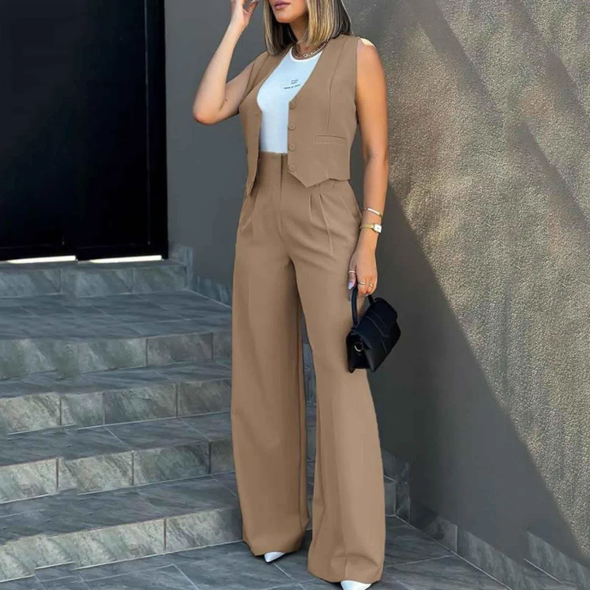Elegante traje de pantalón para mujer con chaleco, cárdigan de tanque, para vestidos de noche elegantes de negocios, con piernas anchas, prácticos bolsillos