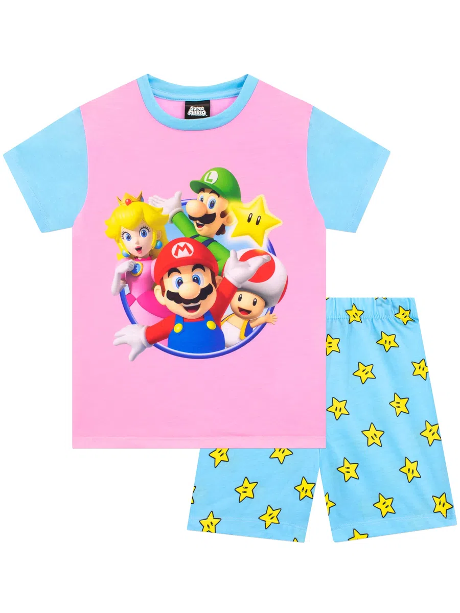SUPER MARIO Pijama Corto de para Niñas Conjunto de Pijamas para Infantiles 3-4 años Rosa y Azul