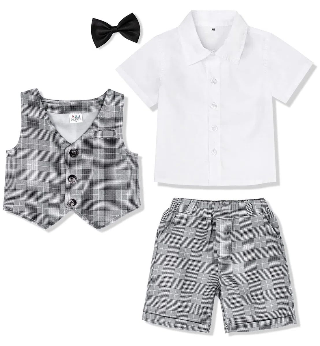 mintgreen Bebé Traje de 3 Piezas, Conjunto de Traje de Bautizo Camisa + Chaleco + Pantalones Cortos + Pajarita, 1-6 años