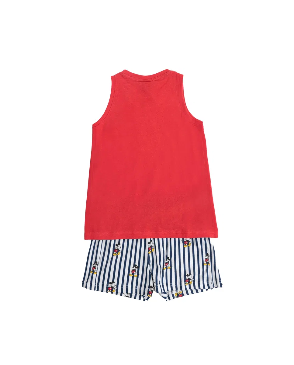 Disney Pijama niña sin Mangas Mickey NY Summer en algodón, Cuello Redondo y pantalón Corto a Rayas con Cinturilla Ajustable, Camiseta con Relieve y Tejido Suave al Tacto