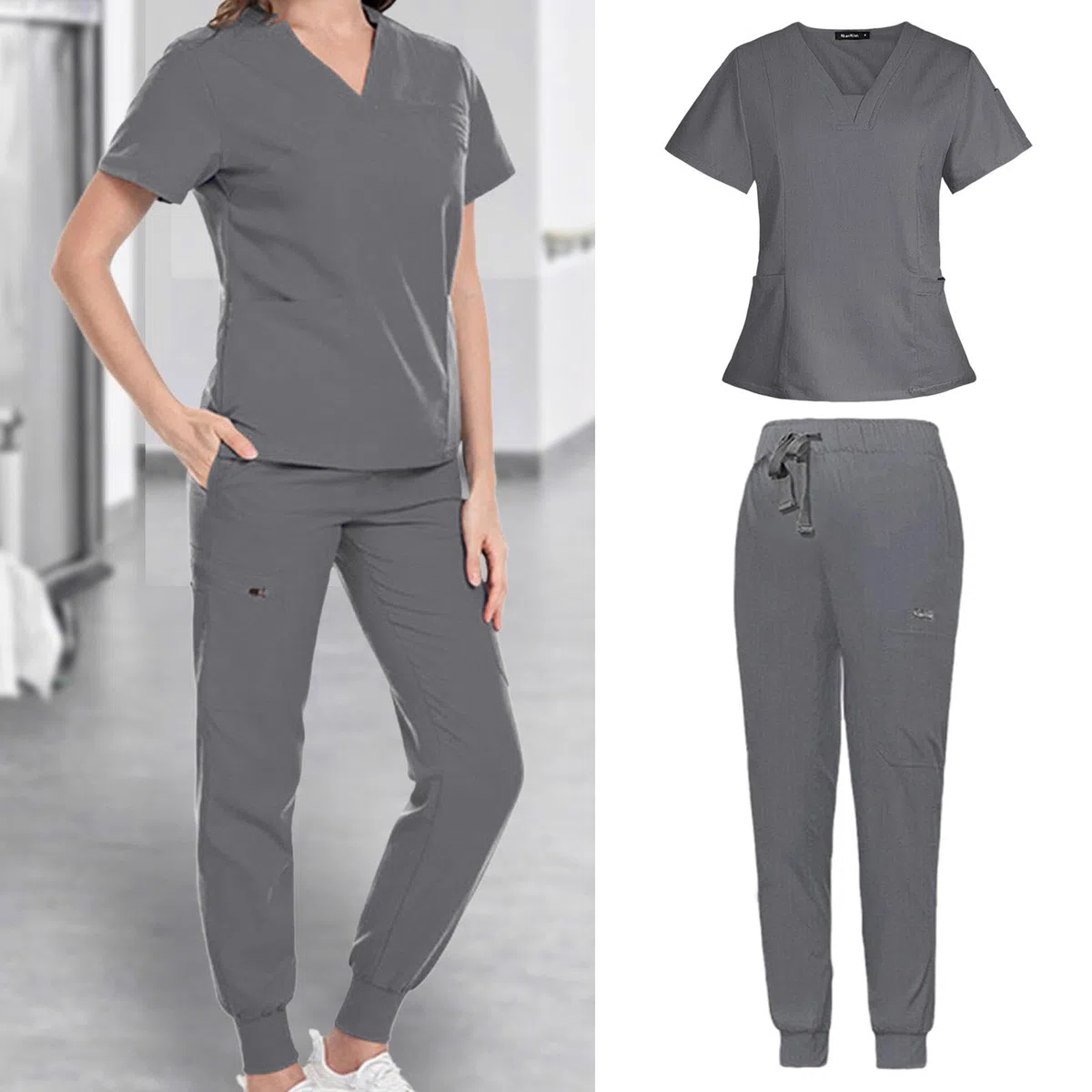 kowaku Uniformes de trabajo de enfermera, conjunto de uniformes médicos para mujer, pretina elástica duradera con cordón ajustable, mangas, l