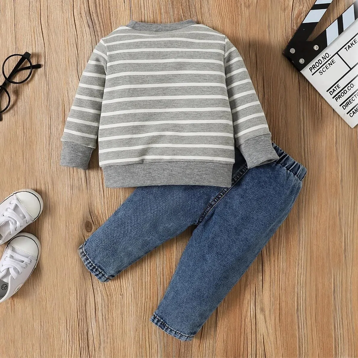 Conjunto de Otoño para Bebé Niño Pequeño Manga Larga Bordado de Elefante a Rayas Sudadera Top y Pantalón Vaqueros 2 Piezas Primavera Ropa de Trajes