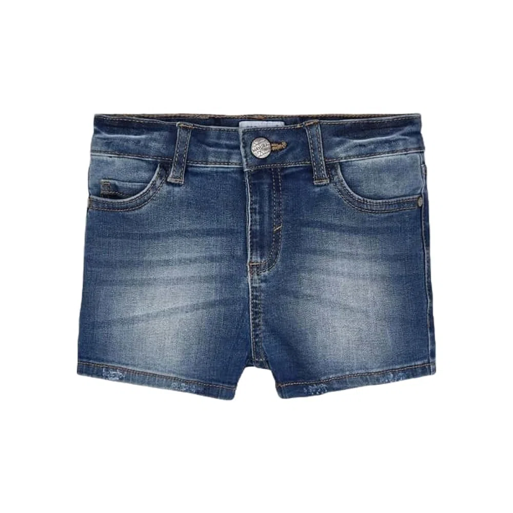 Mayoral Pantalones Cortos Niña 3-9 Años de Algodón Orgánico - Shorts Verano Denim Elástico con Bolsillos, Cintura Ajustable, Botón y Cremallera - Azul Medio 236