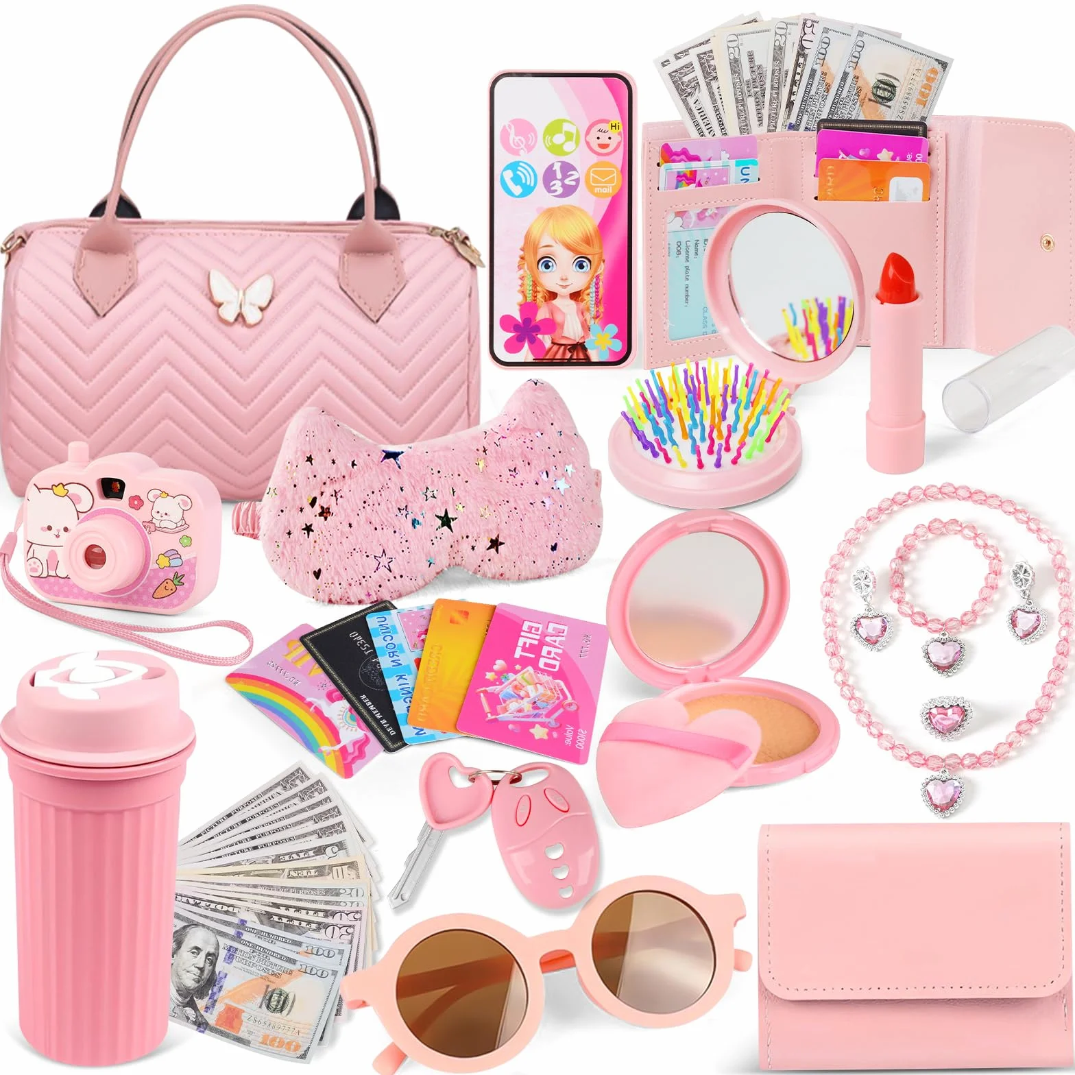 Bolso de Niña con Accesorios, Juguetes Niña de Maquillaje Falso Set, Juego de Bolso-Billetera, Teléfono, Gafas de Sol, Botella, Parche de Ojo, Joyas, Llaves, Cumpleaños Regalos Niñas 3 4 5 6 7 8 Años