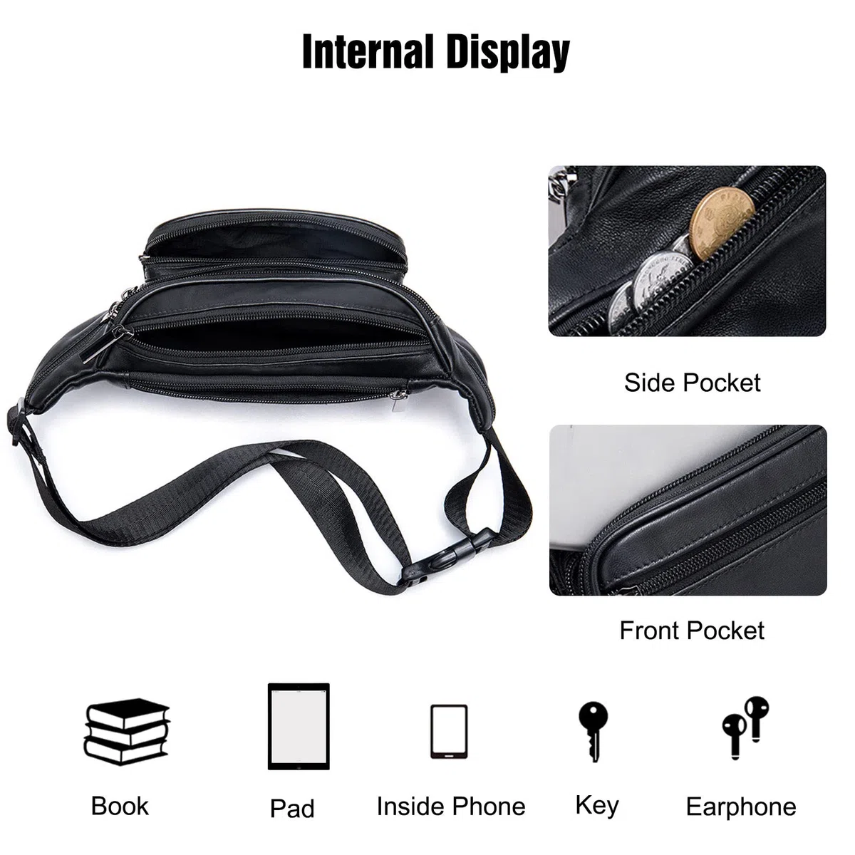 FANDARE Riñonera Mujer Hombre Cuero Bolso Hombro Bolsa de Pecho Retro Bolsa Cruzada Bandolera Impermeable Bolsos Bandolera Excursionismo Bolsos Bandolera para Escolar Viaje Crossbody Bag Negro A