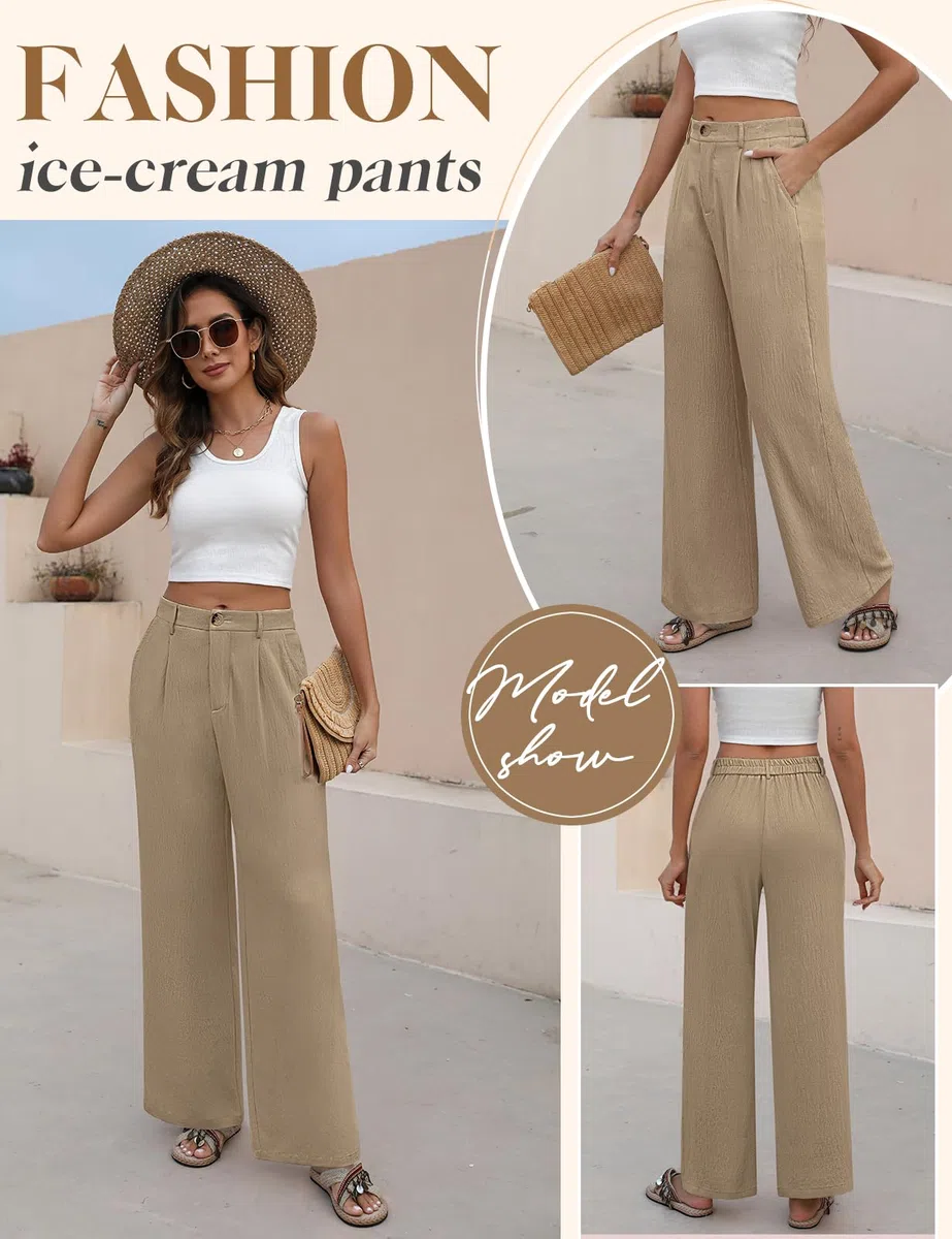 Pantalones Mujer Verano Suelto Rectos Casual Cintura Alta Elástica Anchos con Botones Ligero Cómodo Pantalones de Traje Playa Pantalones con Bolsillos