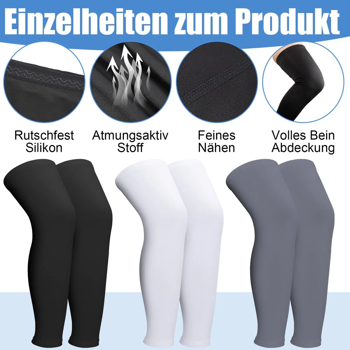 3 pares de puños de compresión para las piernas, protección solar UV, mangas largas de compresión para ciclismo, correr, baloncesto, hombres y mujeres (negro, blanco, gris), blanco, negro,
