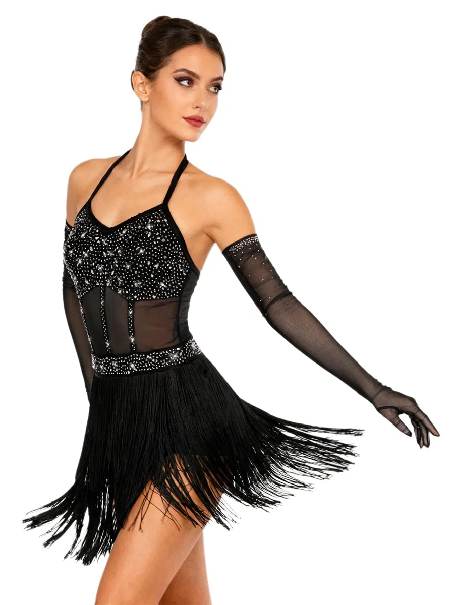 Traje de Danza Latina Salsa para Mujer con Flecos Maillot Patinaje Artístico con Guantes de Malla de Pedrerías Brillantes Traje Baile de Salón Tango Chachá S-XXL