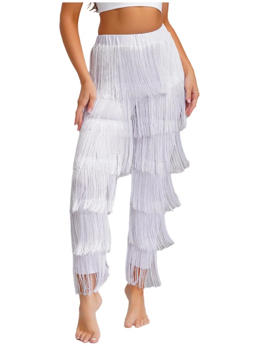 iiniim Pantalones de Baile Latino para Mujer con Flecos, Traje Negro Elegante con Cintura Elástica, para Tango y Clases de Baile de Salón
