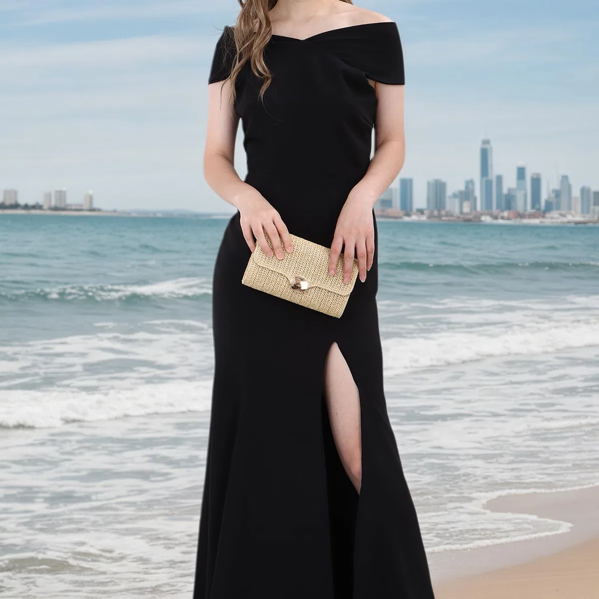 Bolso de Paja Tejida para Mujeres Playa de Verano Elegante Bolso de Noche con Cadena