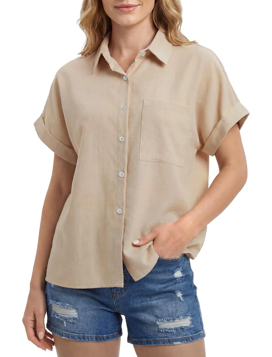 Enmain Camisa Lino Mujer Manga Corta Verano Camisas Blusa de Lino y Algodón de Botones Cuello en V Color Liso Casual Shirt Mujer Elegante Cómoda para Playa Trabajo