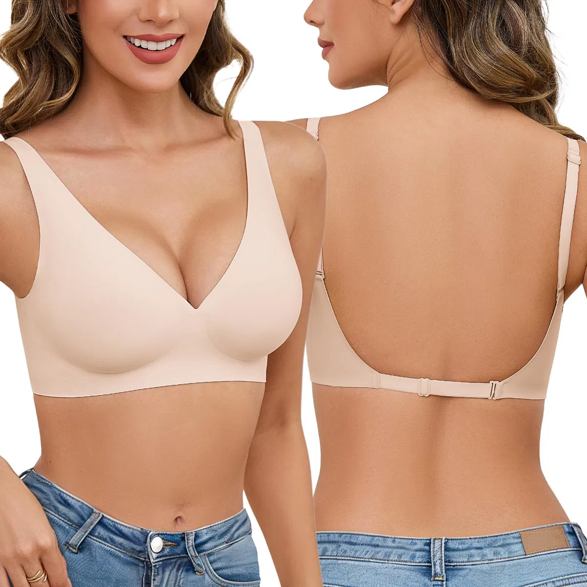 Niwicee Sujetador sin Espalda para Mujer Sujetadores sin Costuras Invisible Sujetador Push Up en V Profunda Sujetador Tirantes Multidireccionales Convertibles para Vestido y Boda