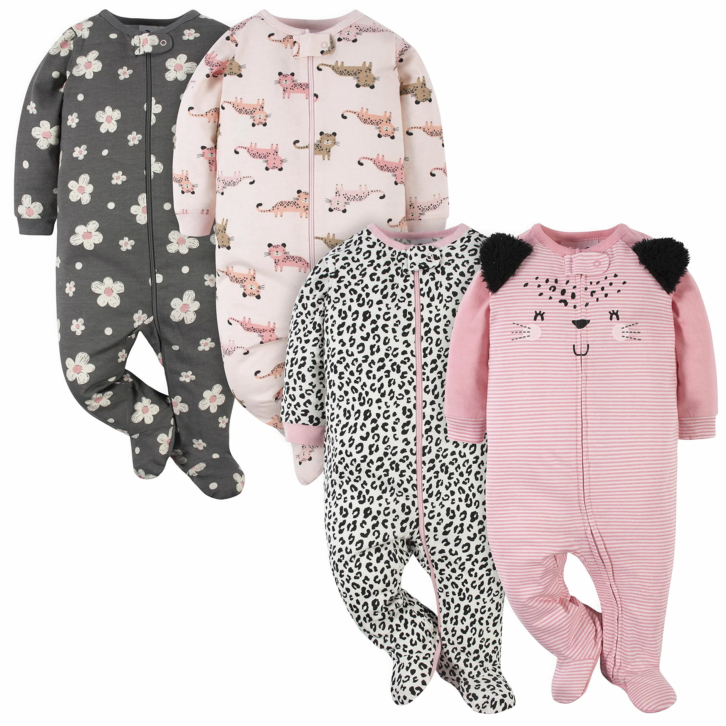 Gerber Mamelucos con pies para dormir y jugar para bebé niña, 4 unidades