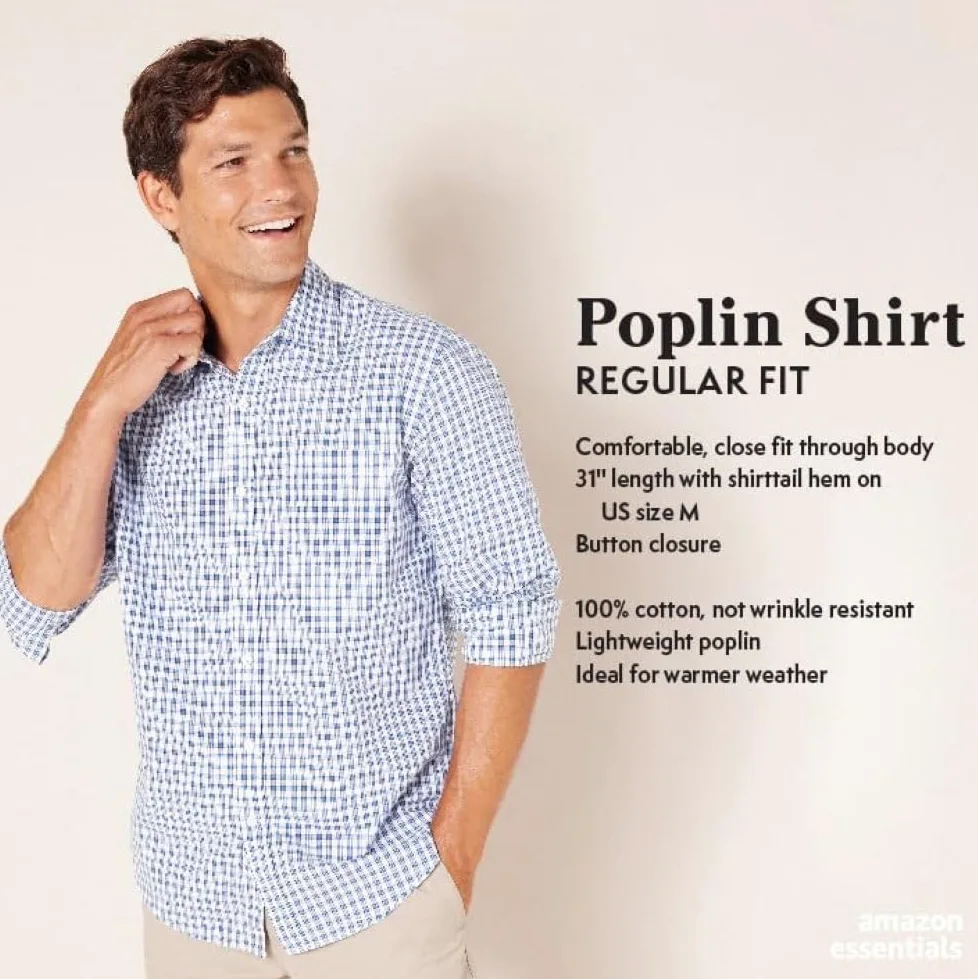 Amazon Essentials Hombre Camisa Informal de Popelina con Manga Larga y Corte Recto