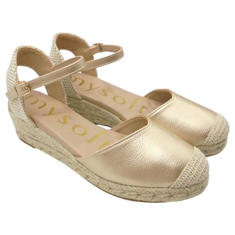 mysoft - 25M102 Alpargatas de Mujer Platino con Cuña 4 cm, Plataforma 2 cm, Cierre de Hebilla, Planta de Gel Acolchada y Puntos de Relajación para: Mujer