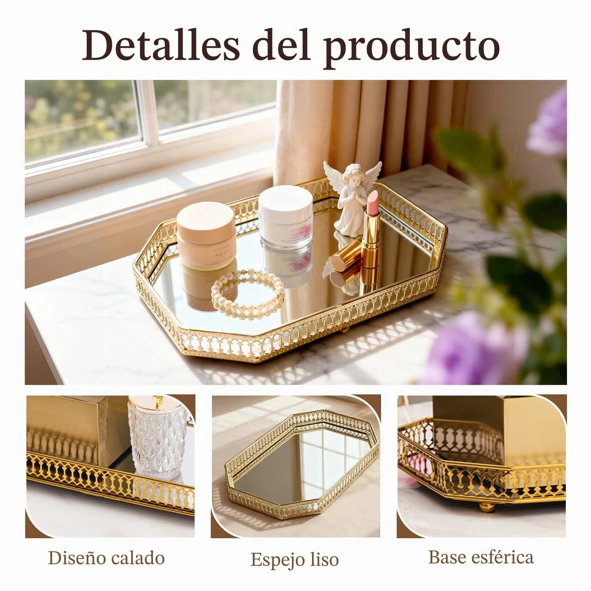 Bandeja Decorativa con Espejo de Dorado, Geométrica Plato Decorativo para Servir Organizador de Perfume de Maquillaje para Tocador, Encimera de Baño