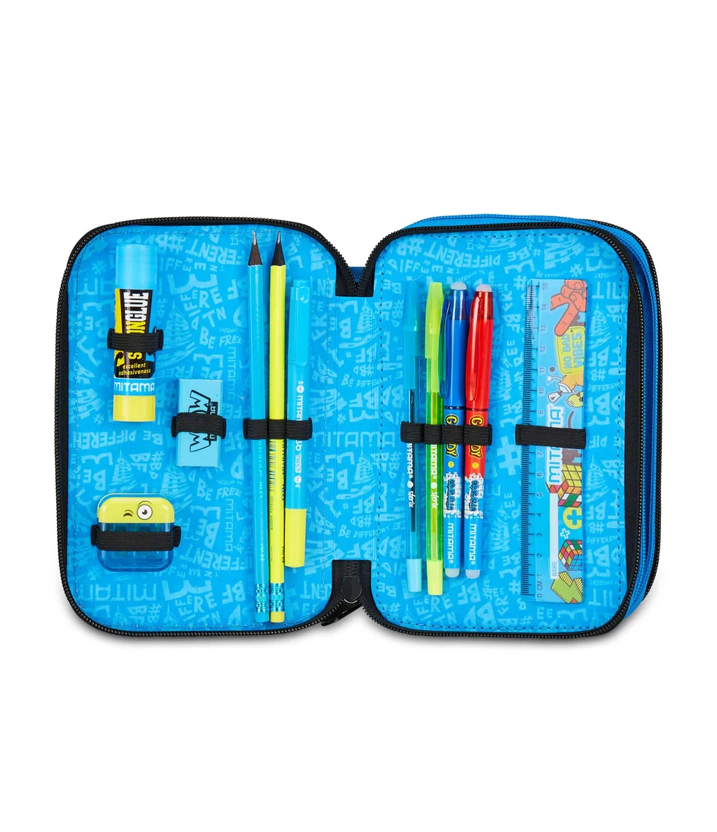 Mitama Estuche Escolar con 3 Compartimentos, Triple Cyberplay, Contenido 47 Piezas, Completo de lápices, rotuladores, portalápices Escuela Primaria niño, Negro, Moderno