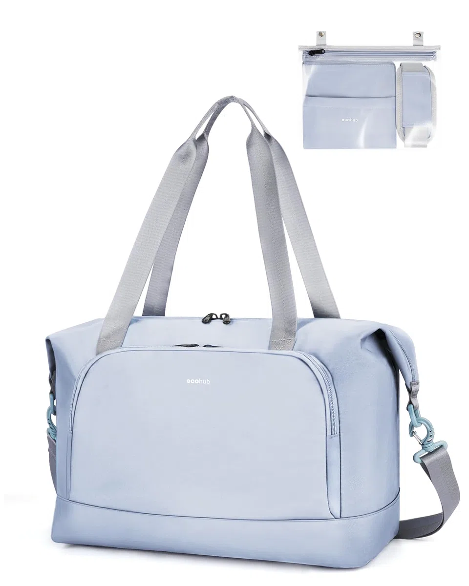 ECOHUB Bolsa de Viaje Plegable, Equipaje de Mano Ligera y Resistente al Agua para el Fin de Semana, Bolsa Viaje con Reciclada Bolsillo Húmedo Extraíble para Mujer y Hombre, 30L-Gris