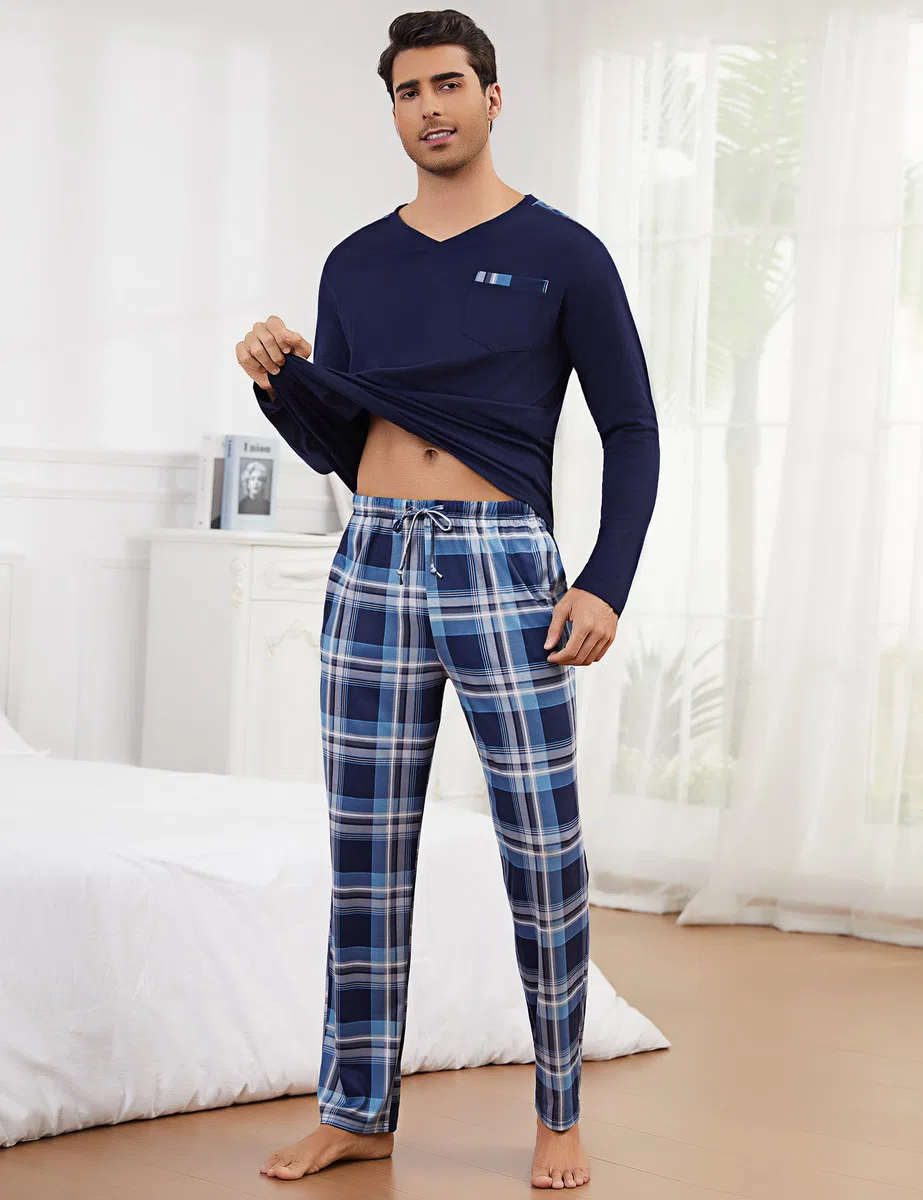 Litherday Pijama Hombre Invierno Algodón Conjunto de Pijama Hombre Manga Larga Camiseta con Bolsillos y Largo Pantalones de Pijama