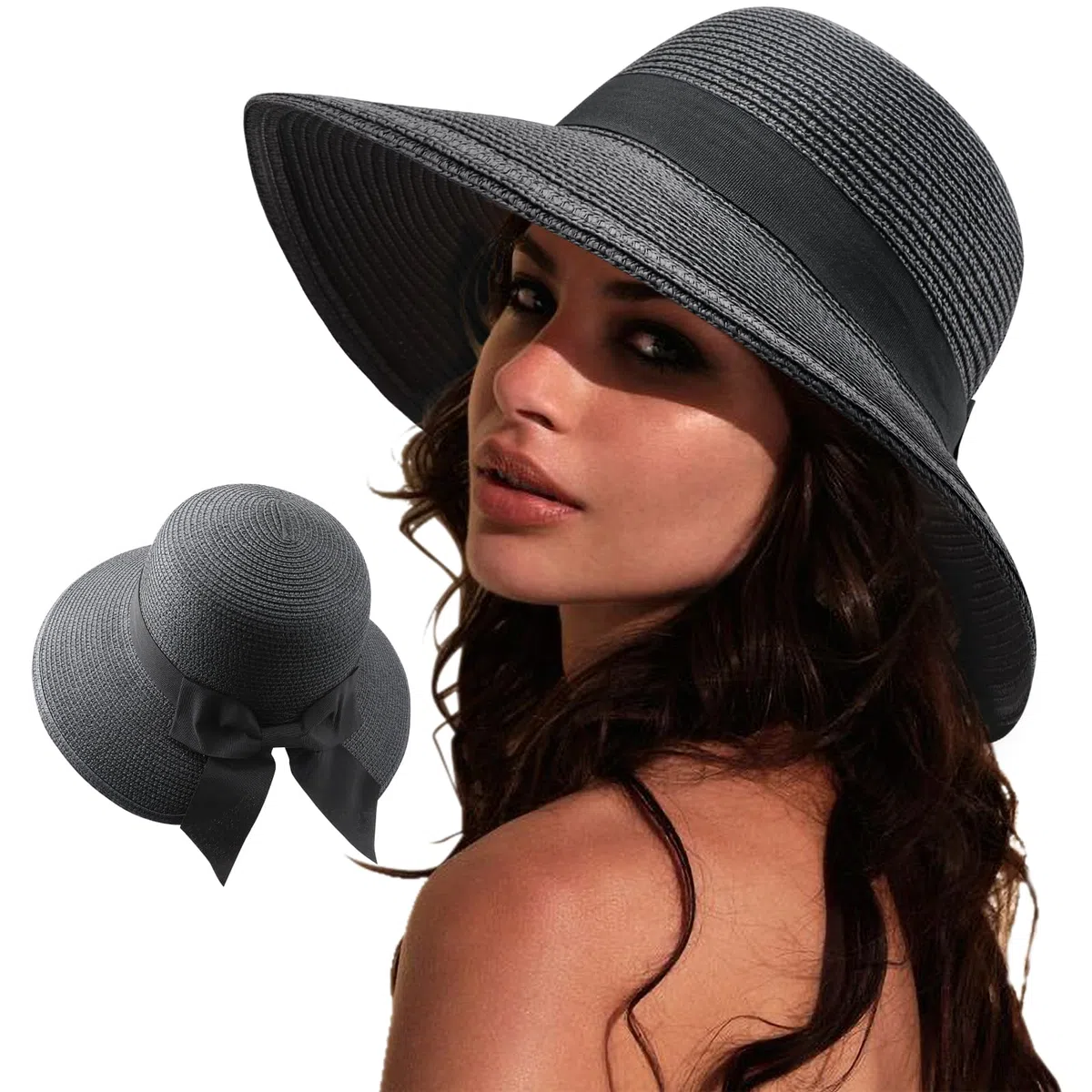 DRESHOW Sombreros de Sol Para Mujeres Sombrero de Sol de Playa Plegable Sombrero de Paja de Ala Ancha con Nudo UPF 50+