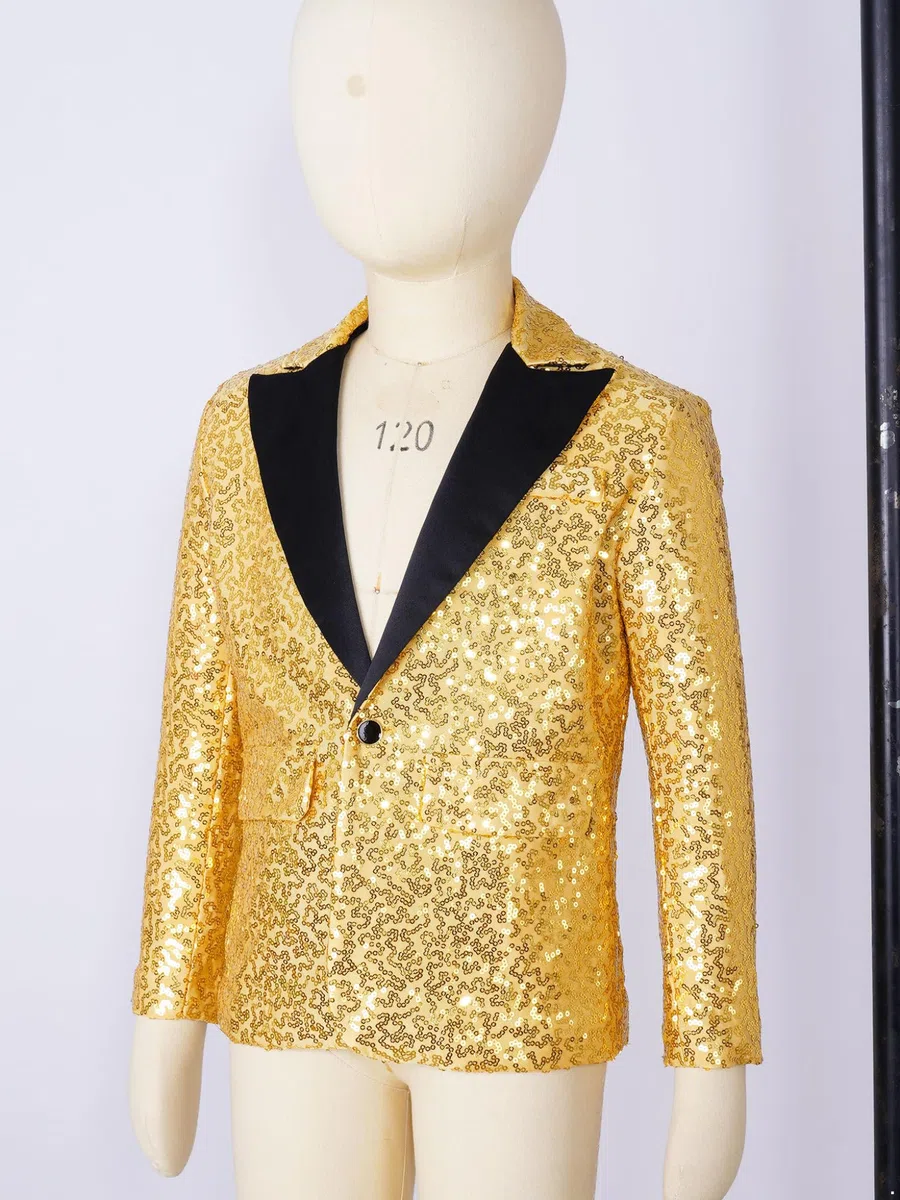 Runhomal - Chaqueta de lentejuelas para niño, manga larga y sombrero de baile moderno, Jazz Hip Hop Lentejuelas, traje de boda, cóctel ceremonia espectáculo