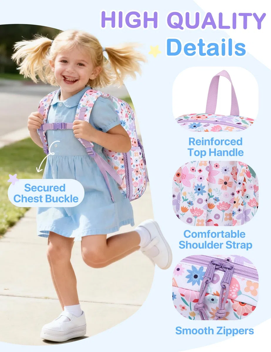 VASCHY Mochila Infantil Niña 12 L 2–5 Años, Ligera, Mochila Escolar para Guardería, Preescolar y Viaje, Floración Lila