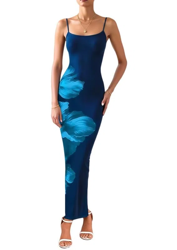 Mujer Vestido Largo Sexy sin Mangas Cuello Cuadrado Vestidos de Tirantes Elegante Estampado Floral Vestido Ajustado Verano Casual Bodycon Maxi Vestidos de Fiesta Cóctel Invitada Boda Club