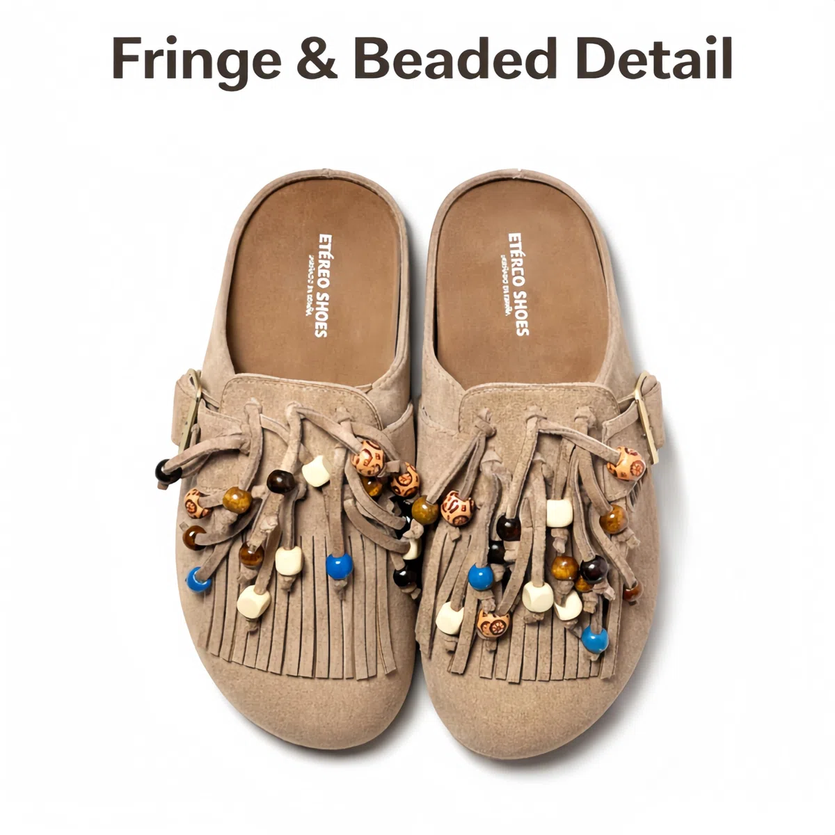 Zuecos para Mujer Estilo Boho con Flecos y Cuentas Decorativas, Ante Sintético, Suela EVA Antideslizante, Hebilla Ajustable 36-41