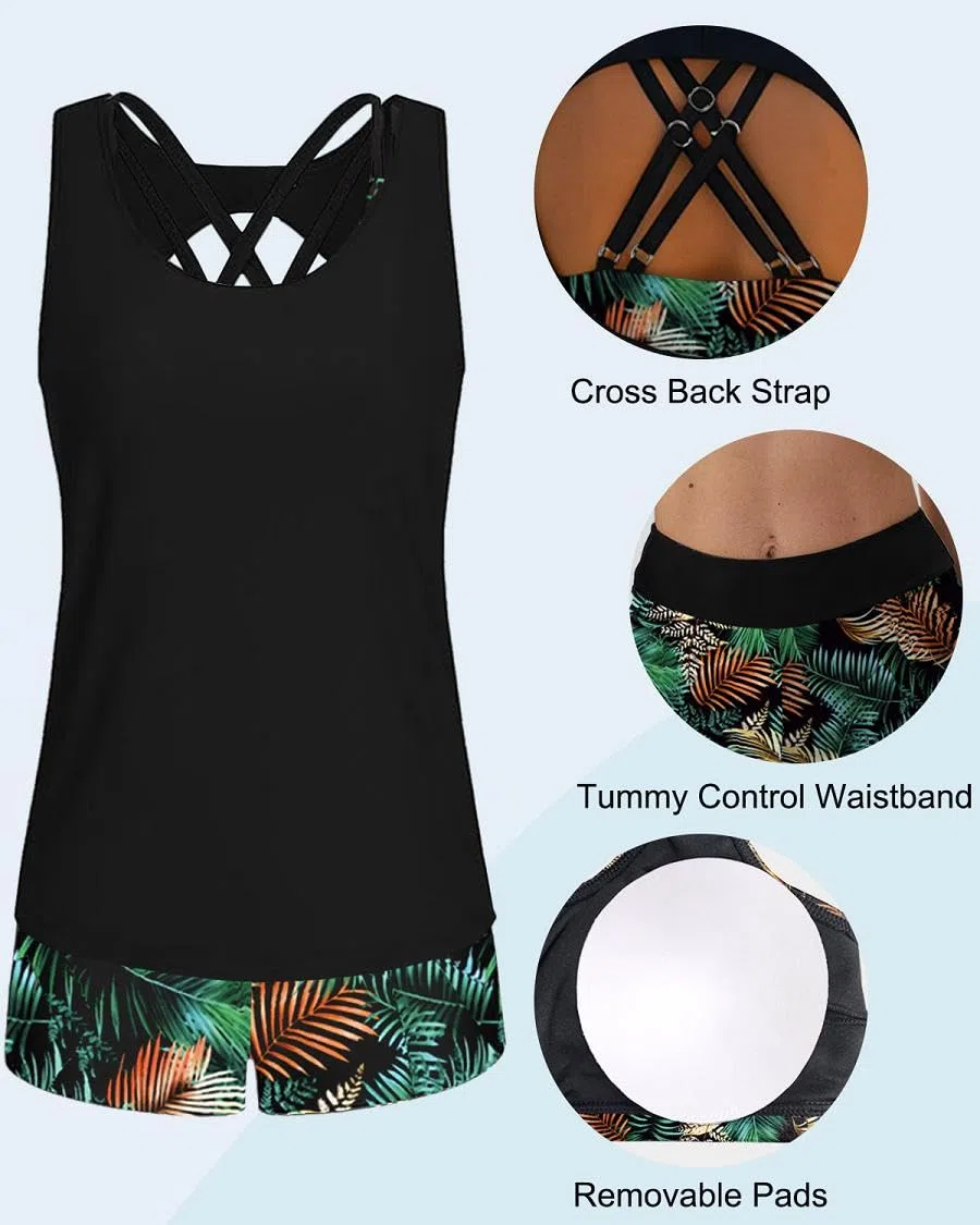 Conjunto de Tankini para Mujer 3 Piezas Cuello Redondo Traje de Baño Push up y Pantalones Cortos de Baño de Cintura Alta Bañador Reductor Barriga