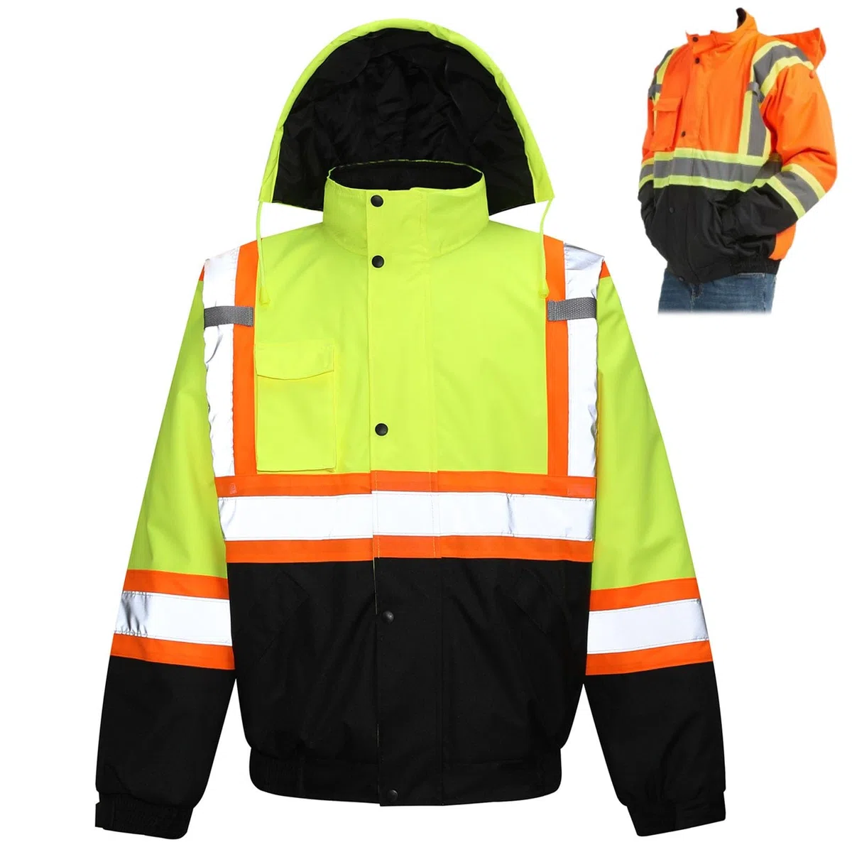 Chaqueta Impermeable De Alta Visibilidad Con Capucha Y Diseño Reflectante | Abrigo De Trabajo De Seguridad Cortavientos Con Relleno Grueso De Algodón, Tejido Oxford, Bolsillos, PUños(Yellow,L)