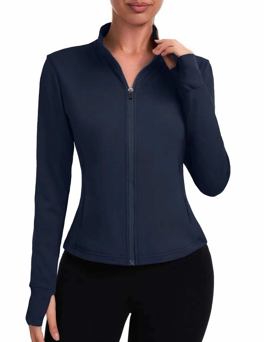 PINSPARK Chaqueta de running para mujer, deportiva corta, de entrenamiento de manga larga, chaqueta de yoga, bolsillos con cremallera y orificios para los pulgares.