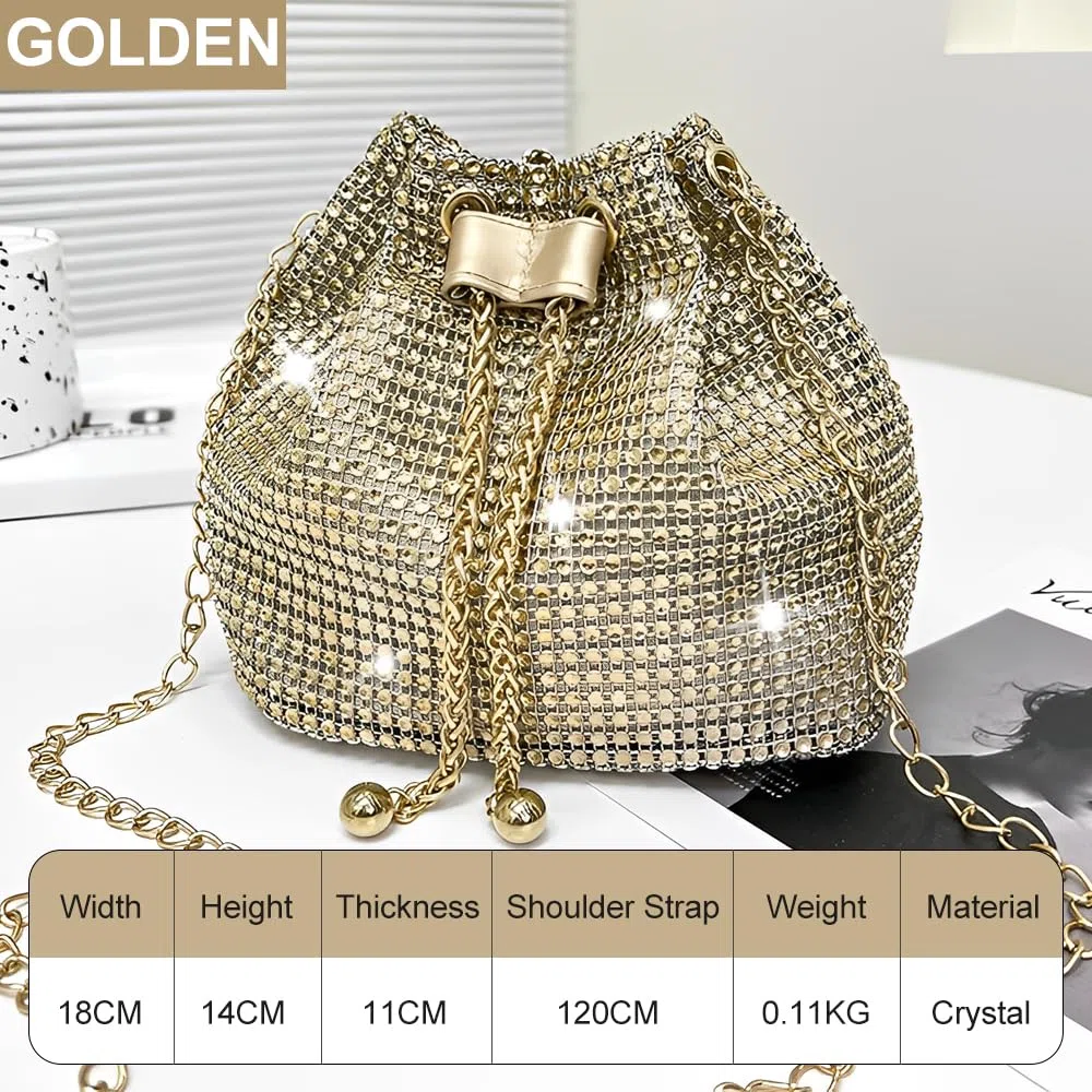 Bolso Mujer con Brillantes Diamantes Elegante de Noche Clutch con Cadena para Fiestas Bodas Banquete(Oro)