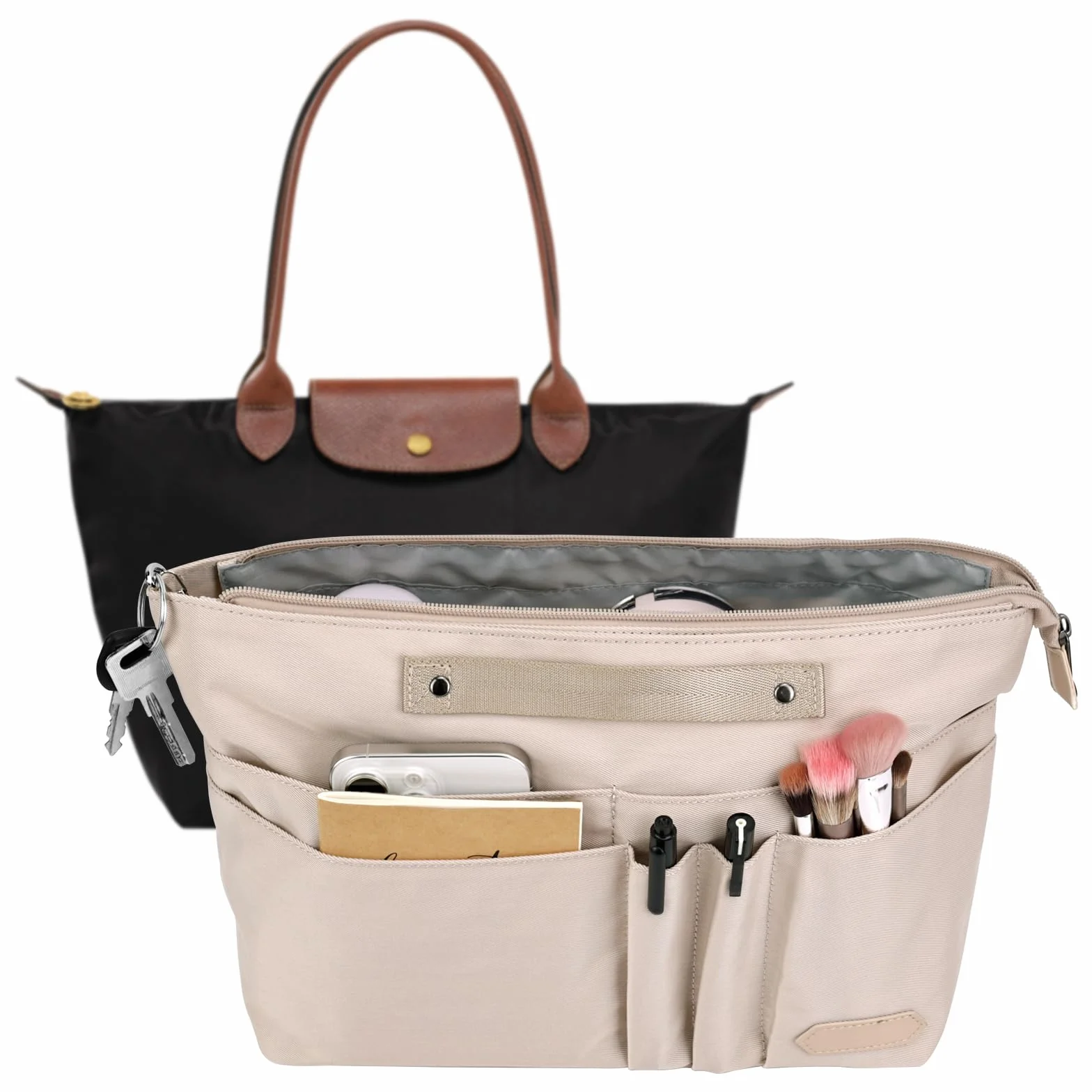 GADITIEK Organizador Bolsos, Organizador De Bolsos Poliéster con Llavero, Organizador Bolsos De Mujer para Bolsos Longchamp Le Pliage l,y Más... Tote Bag Organizer (Beige, L)