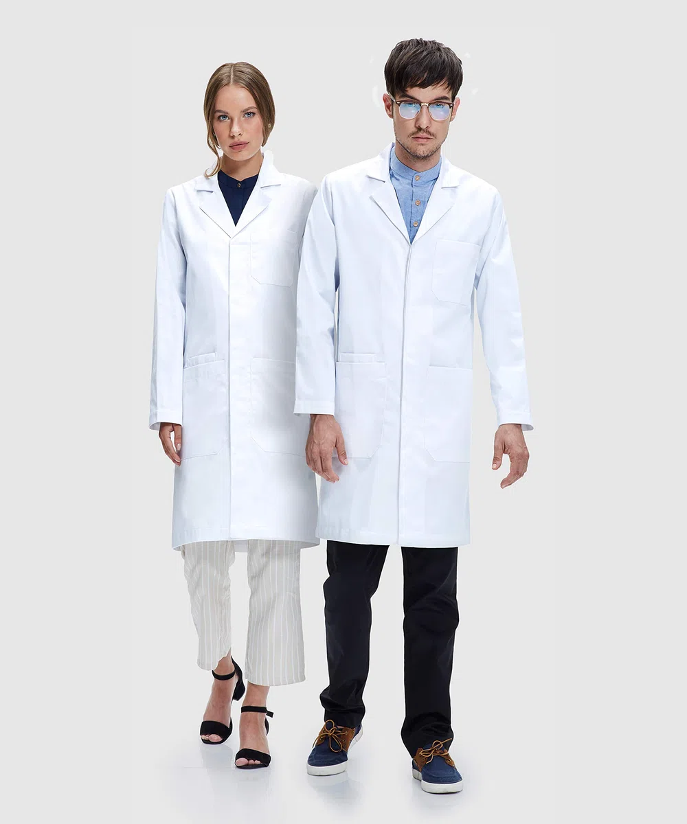 Dr. James Bata de laboratorio Premium Unisex para Hombres y Mujeres, con bolsillos para teléfono y tableta, ajuste clásico, cierre a presión oculto