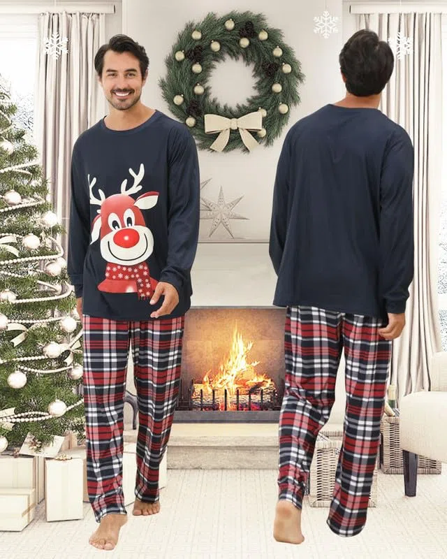 Kouric Pijamas Navidad Familia,Pijama Familiar a Juego con Estampado de Renos,Pijama Navidad Familia Top Blanco y Pantalón de Cuadros Rojos,Blancos y Negros,Pijamas Navidad Mujer/Hombre/Niña/Niño