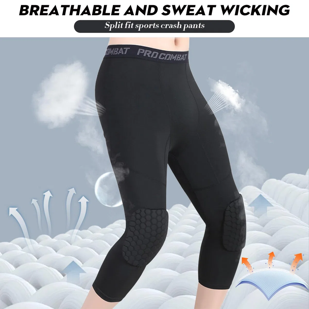 HULG Pantalones De Baloncesto con Rodilleras, Pantalones De Compresión con Rodilleras,Pantalones De Compresión 3/4 para Baloncesto, Fútbol, ​​béisbol
