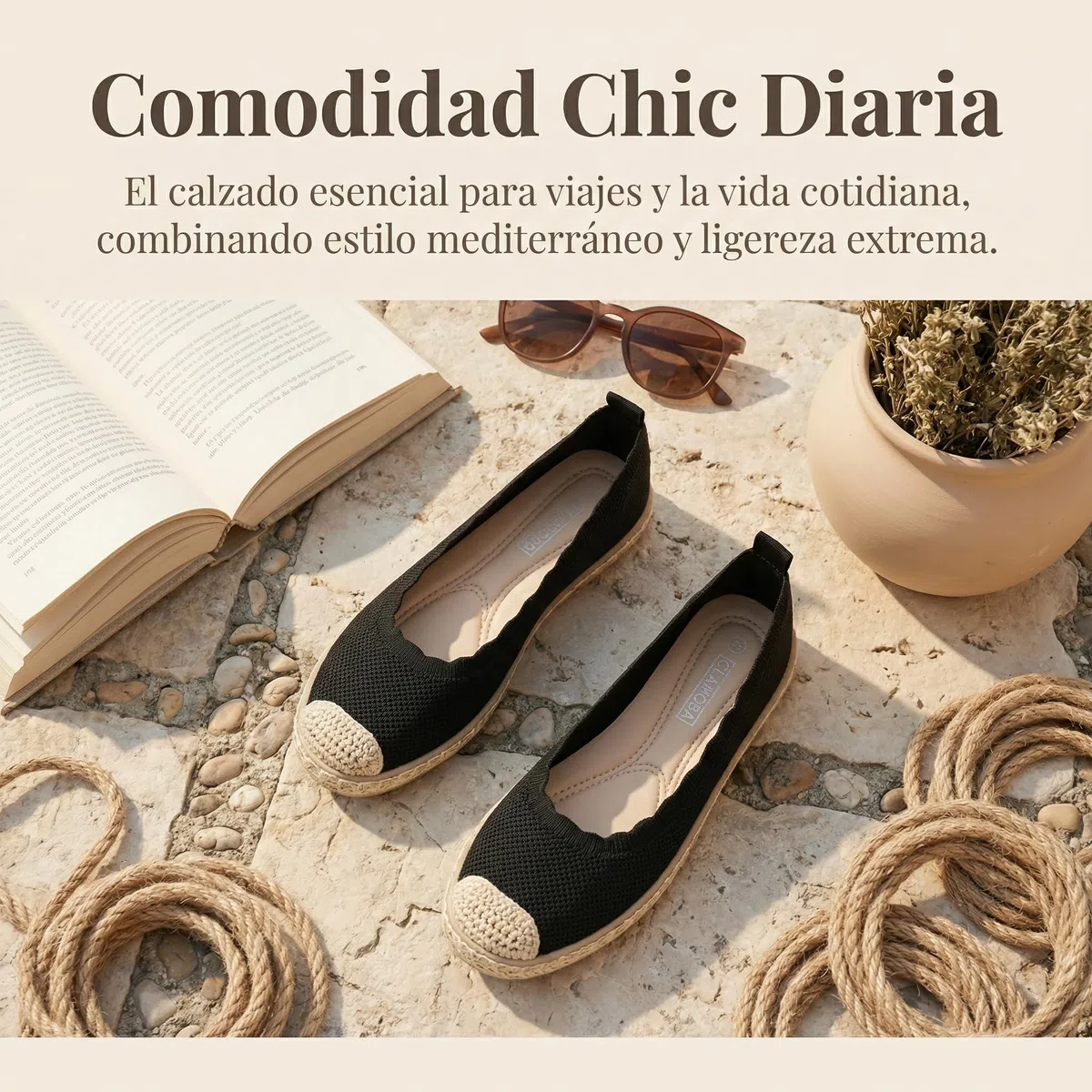 GLAMORA Alpargatas Mujer de Punto Transpirable con Suela de Goma Efecto Esparto, Zapatos Planos Tipo Bailarinas Manoletinas Cómodas Slip On, Alpargatas Mujer Ligeras Punta Redonda