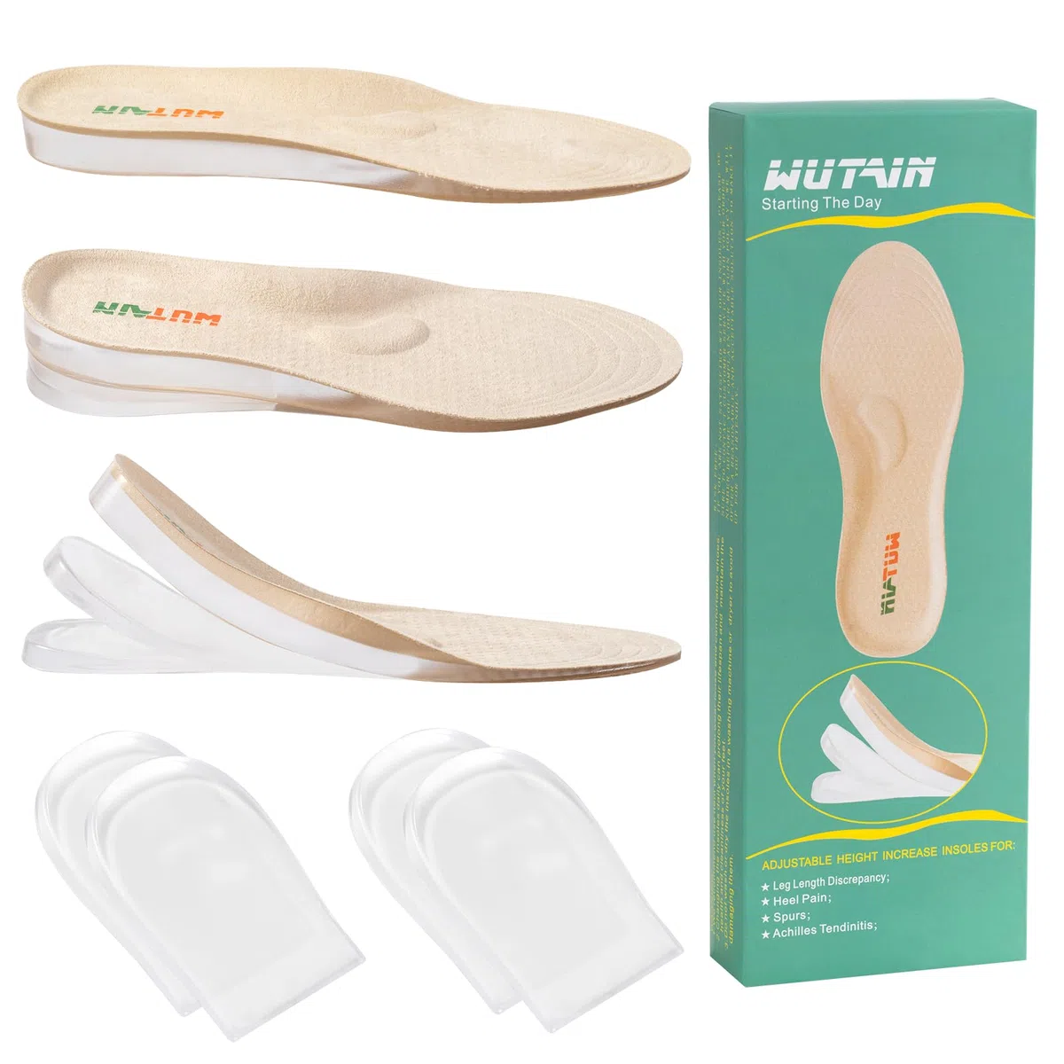WUTAIN Plantillas de aumento de altura ajustable para mujeres y hombres, 3 capas de gel para elevación de talón para discrepancia de longitud de pierna, dolor de talón, espolones, tendinitis de