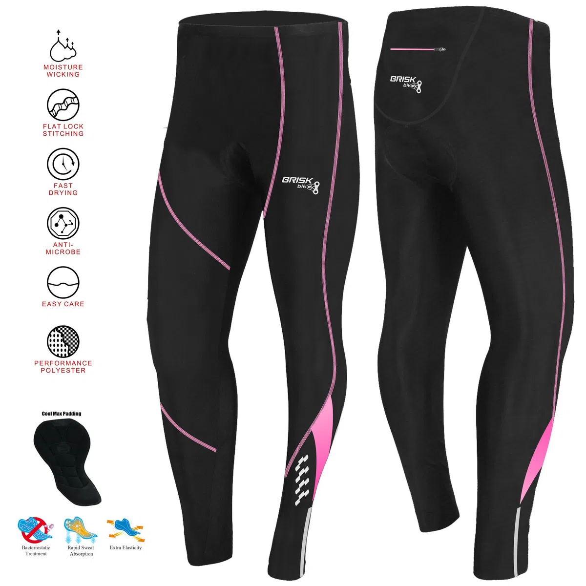 Brisk Bike Pantalon Largo Ciclismo Mujer con Cremalleras Reflectantes Leggings Ciclismo Elástico Coolmax Acolchado Mallas Ciclista - Mujer Mallas térmicas