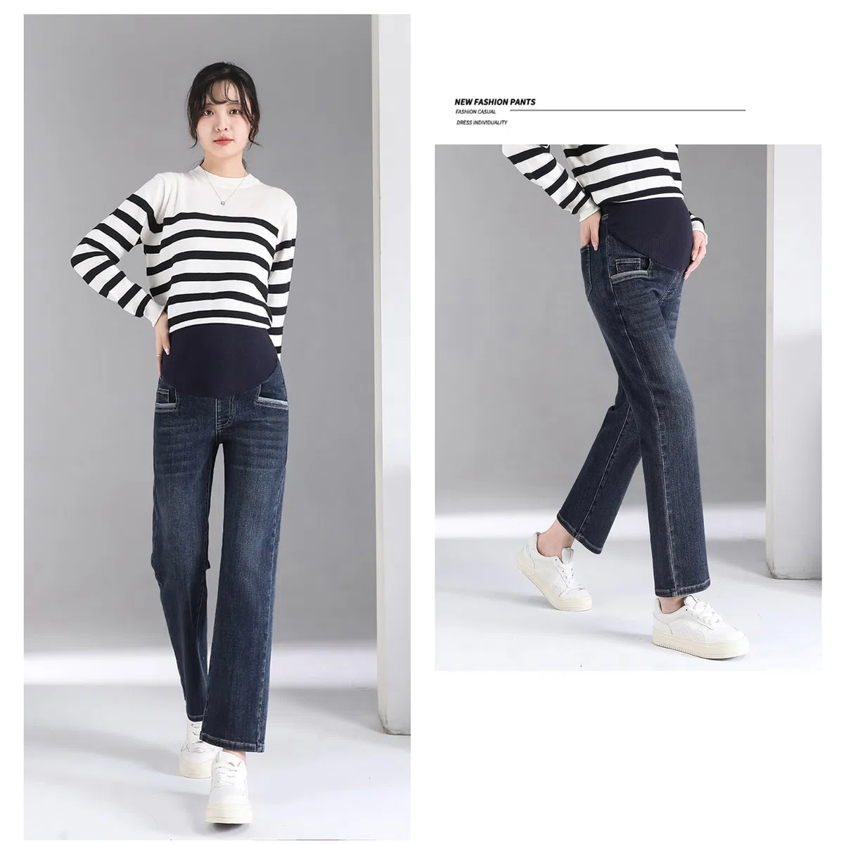Vaqueros de maternidad de pierna recta con cinturón ajustable - Pantalones 3/4 estilizados y prácticos, ideales para mujeres de estatura pequeña (Talla corta)