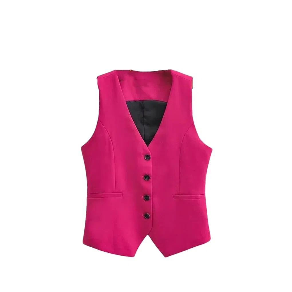 REHJJDFD Chaleco de traje para mujer con cuello en V y botonadura simple, color rojo rosa, ajustado, corto, asimétrico, delgado, sin mangas