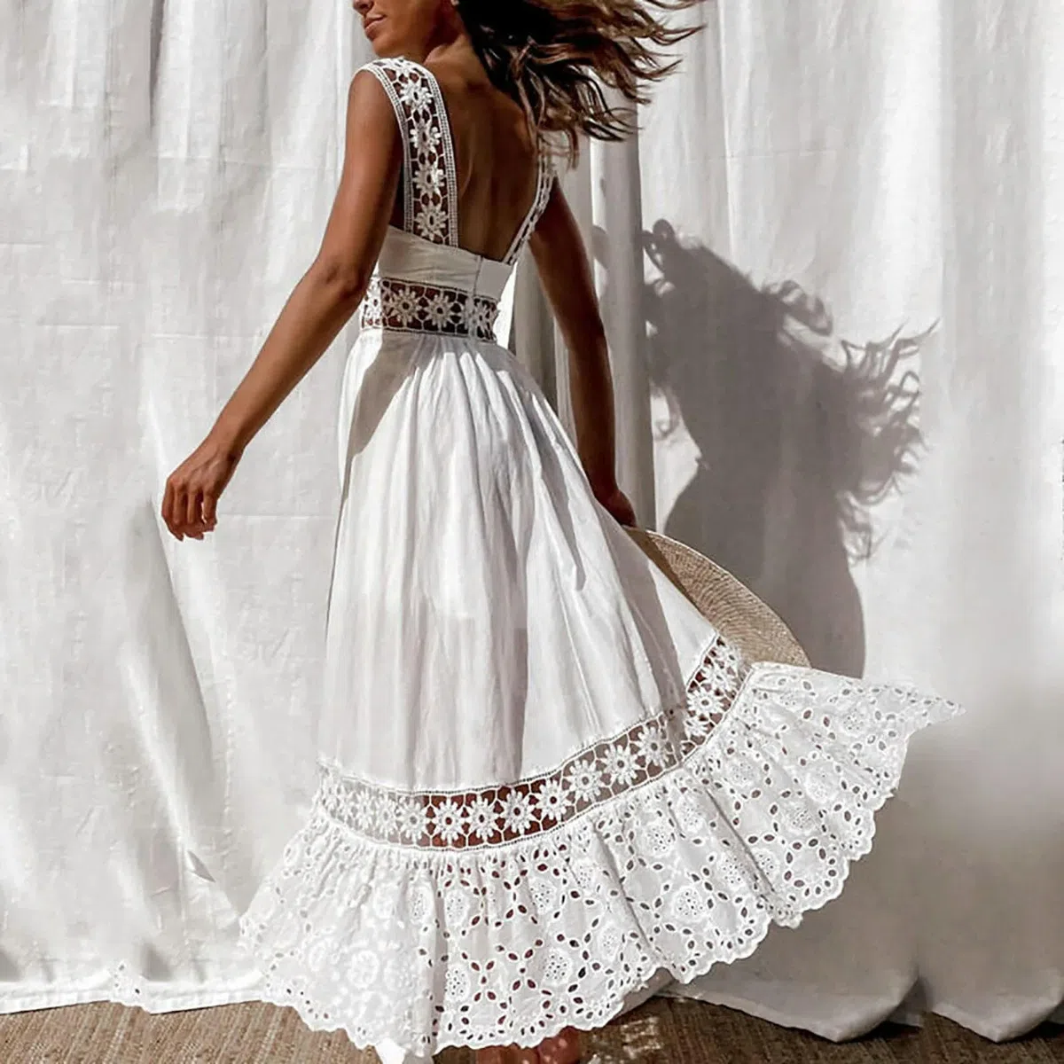 ARESU Vestidos Blancos Ahuecados De Ganchillo De Encaje Vestido Boho Informal De Vacaciones Sin Espalda para Mujer Vestido Maxi Suelto De Algodón para La Playa para Mujer-Blanco-S