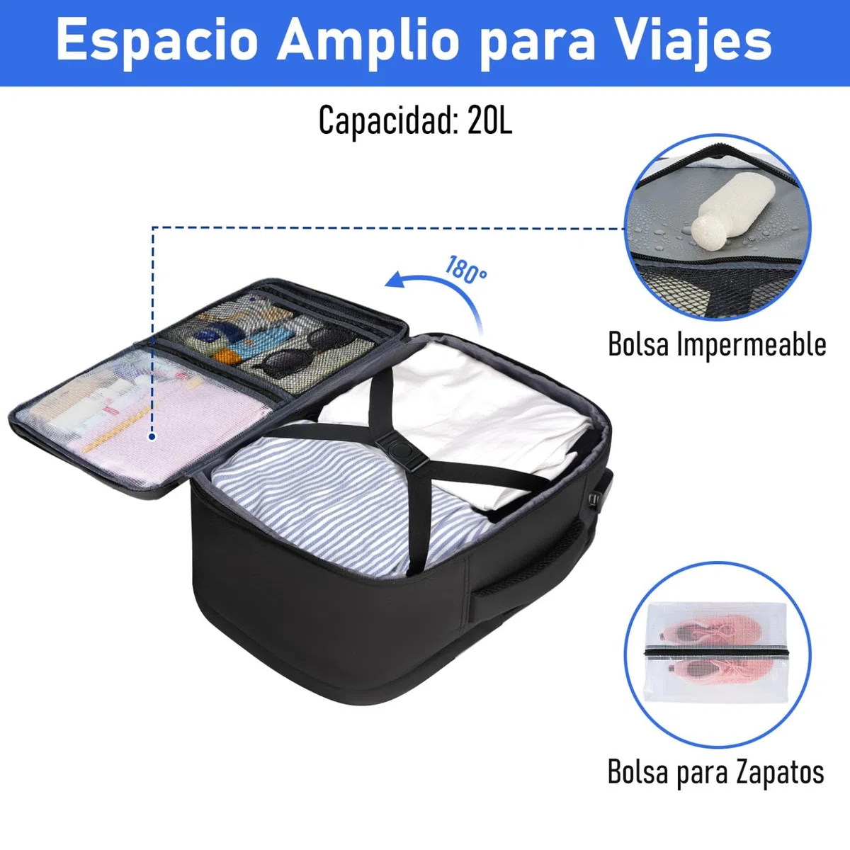 Taygeer Mochila 40x30x20 Ryanair con Bolsa para Zapatos, Mochila Cabina 40x30x20 Portatil 15.6" con Bolsa Impermeable Maletas de Viaje 24L Equipaje de Mano Mujer Hombre para Uso Diario, Viaje, Negro
