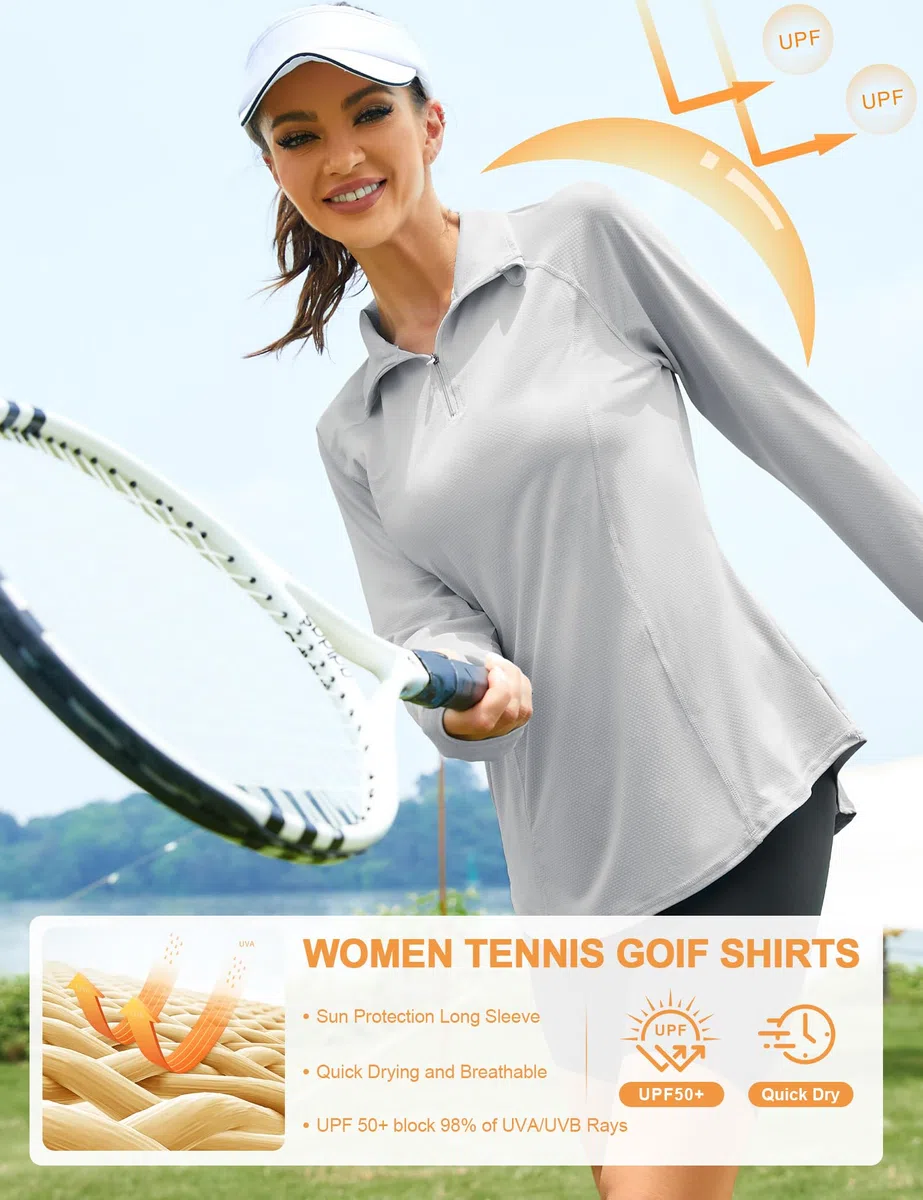 IECCP Camisetas ligeras con protección solar UPF 50+ para mujer, con cremallera de 1/4, manga larga, para ejercicio